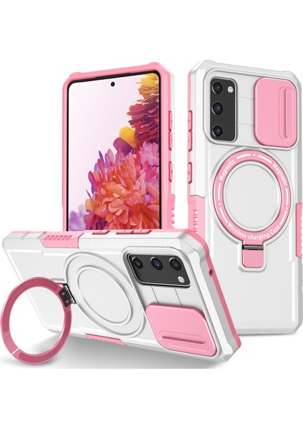 Samsung Galaxy S20 Fe 4g/fe 5g Manyetik Kılıf Pc+Tpu Telefon Kabuğu, Slayt Kamera Kapaklı-Pembe/beyaz (Yurt Dışından)