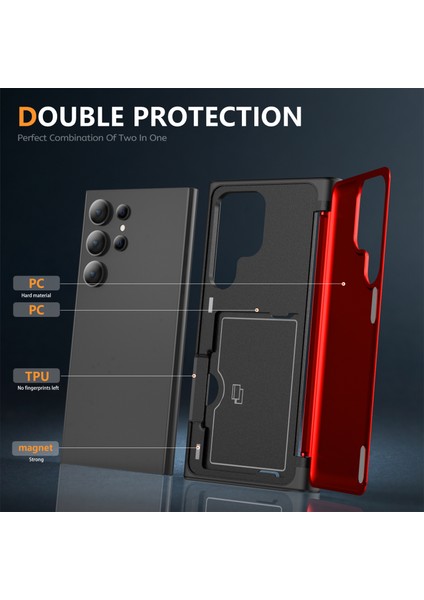 Samsung Galaxy S22 Ultra 5g Kılıf Gizli Kart Yuvası Tpu+Pc Telefon Kapağı-Kırmızı (Yurt Dışından) modelleri