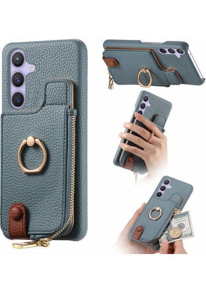 Samsung Galaxy S24 Için Rfıd Engelleme Kılıfı Halka Kickstand Fermuar Deri Telefon Kapağı-Mavi (Yurt Dışından)
