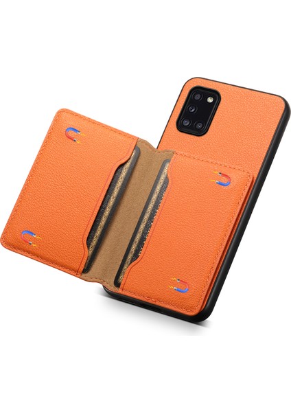 Samsung Galaxy A31 Kılıf Kart Yuvaları Kickstand Arka Telefon Kapağı Buzağı Dokulu-Turuncu (Yurt Dışından)