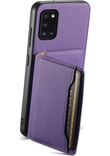 Samsung Galaxy A31 Kılıf Kart Yuvaları Kickstand Arka Telefon Kapağı Dana Dokulu-Mor (Yurt Dışından)