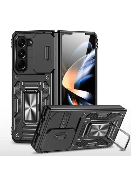 Seashell Digital Samsung Galaxy Z Fold6 5g Kickstand Kılıf Slayt Lens Kapağı Pc+Tpu Telefon Kabuğu-Siyah Için Armor Serisi (Yurt Dışından)