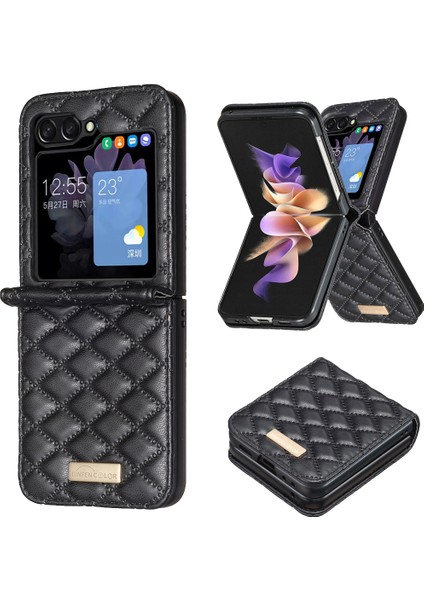 Samsung Galaxy Z Flip6 5g Kılıf Eşkenar Dörtgen Pu Deri Katlanır Telefon Kapağı-Siyah (Yurt Dışından)