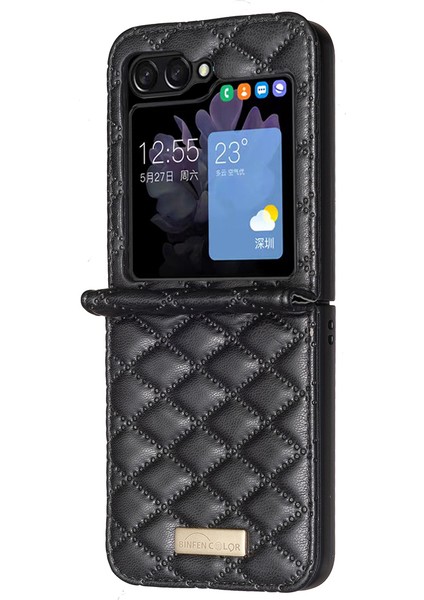 Samsung Galaxy Z Flip6 5g Kılıf Eşkenar Dörtgen Pu Deri Katlanır Telefon Kapağı-Siyah (Yurt Dışından)
