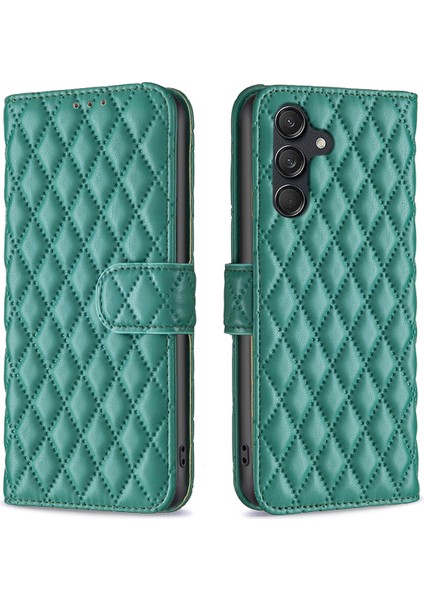 Samsung Galaxy M55 5g Telefon Kılıfı Eşkenar Dörtgen Izgara Cüzdan Deri Kılıf-Yeşil (Yurt Dışından)