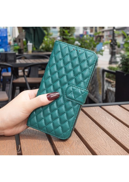 Samsung Galaxy M55 5g Telefon Kılıfı Eşkenar Dörtgen Izgara Cüzdan Deri Kılıf-Yeşil (Yurt Dışından)
