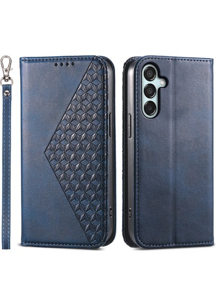 Samsung Galaxy M15 5g Telefon Kılıfı Pu Deri Eşkenar Dörtgen Baskılı Desen Cüzdan Kapak-Mavi (Yurt Dışından)