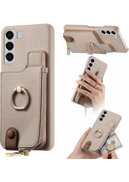 Samsung Galaxy S22+5G Kılıf Fermuar Cüzdan Rfıd Engelleme Telefon Kapağı Halkalı Kickstand-Haki (Yurt Dışından)
