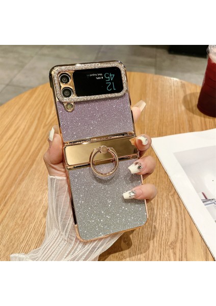Samsung Galaxy Z Flip3 5g Kickstand Kılıf Için Glitter Tasarım Yapay Elmas Dekor Sert Pc Telefon Kapağı-Mor (Yurt Dışından)