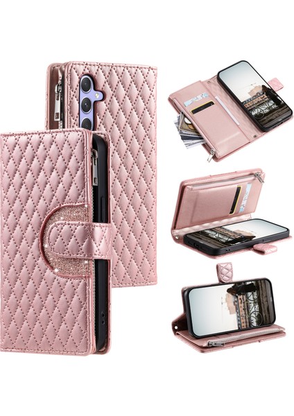 Samsung Galaxy A25 5G(GLOBAL)(161.0 x 76.5 x 8.3mm) Kılıf Parıltılı Eşkenar Dörtgen Desenli Kart Yuvaları Telefon Kapağı-Gül Altın (Yurt Dışından)