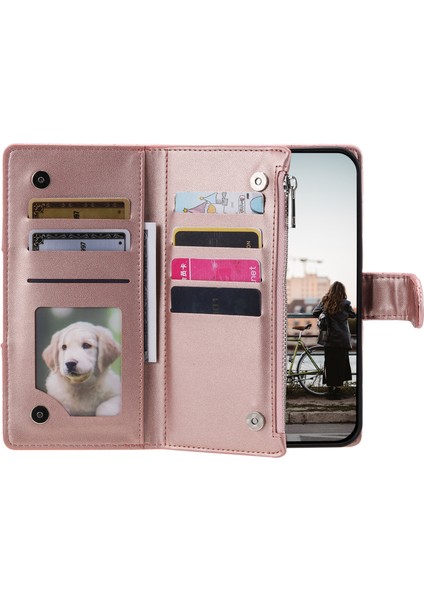 Samsung Galaxy A25 5G(GLOBAL)(161.0 x 76.5 x 8.3mm) Kılıf Parıltılı Eşkenar Dörtgen Desenli Kart Yuvaları Telefon Kapağı-Gül Altın (Yurt Dışından) fiyatları