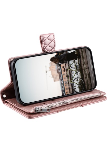 Samsung Galaxy A25 5G(GLOBAL)(161.0 x 76.5 x 8.3mm) Kılıf Parıltılı Eşkenar Dörtgen Desenli Kart Yuvaları Telefon Kapağı-Gül Altın (Yurt Dışından) indirimleri