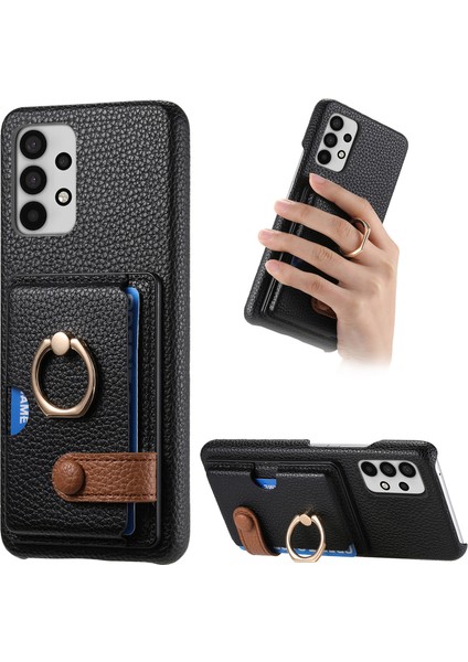 Samsung Galaxy A32 5g Kılıf Kart Tutucu Halka Kickstand Litchi Doku Telefon Kapağı-Siyah (Yurt Dışından)