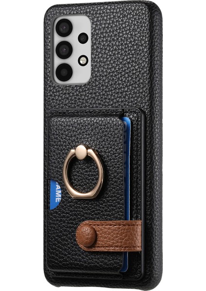 Samsung Galaxy A32 5g Kılıf Kart Tutucu Halka Kickstand Litchi Doku Telefon Kapağı-Siyah (Yurt Dışından)