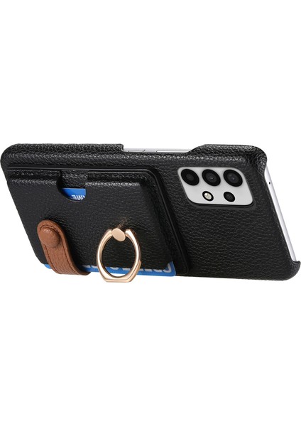 Samsung Galaxy A32 5g Kılıf Kart Tutucu Halka Kickstand Litchi Doku Telefon Kapağı-Siyah (Yurt Dışından)