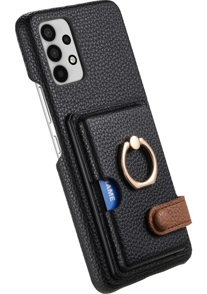 Samsung Galaxy A32 5g Kılıf Kart Tutucu Halka Kickstand Litchi Doku Telefon Kapağı-Siyah (Yurt Dışından)