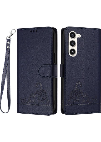 Samsung Galaxy S23+ Kılıf Çanta Kedi Fare Desenli Folyo Deri Cep Telefonu Kapağı-Safir (Yurt Dışından)