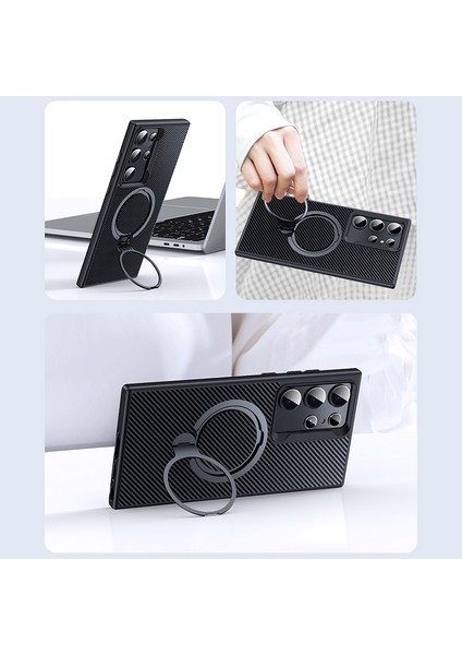 Samsung Galaxy S23 Ultra Kılıf MagSafe ile Uyumlu Karbon Fiber Doku Kickstand PC+TPU Koruyucu Kapak-Gri (Yurt Dışından) modelleri