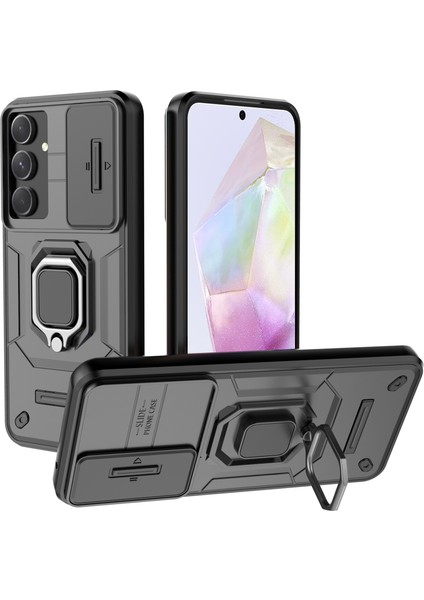 Samsung Galaxy A35 5g Kılıf Pc+Tpu Kaydırmalı Lens Kapaklı Düşme Önleyici Telefon Kapağı-Siyah (Yurt Dışından)