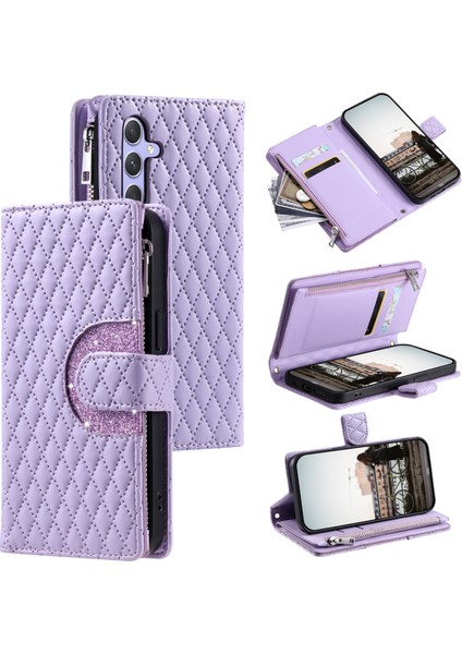 Samsung Galaxy A25 5G(GLOBAL)(161.0 x 76.5 x 8.3mm) Kılıf Parıltılı Eşkenar Dörtgen Desenli Kart Yuvaları Telefon Kapağı-Mor (Yurt Dışından)