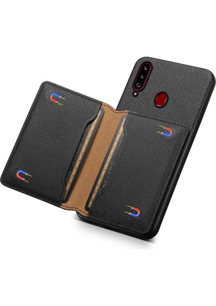 Samsung Galaxy A20S Telefon Kılıfı Kart Yuvaları Kickstand Telefon Kapağı Buzağı Doku-Siyah (Yurt Dışından)