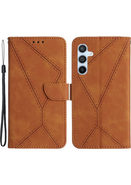 HT05 Samsung Galaxy M55 5g Kılıf Hatları Baskılı Deri Cüzdan Standı Kapak-Kahverengi (Yurt Dışından)