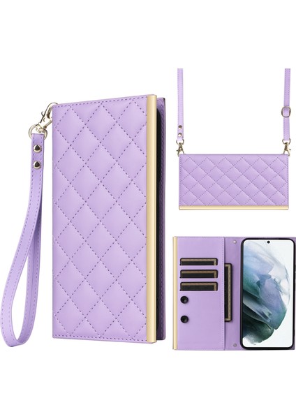 Samsung Galaxy S21 5g/4g Kılıf Pu Deri Standlı Cüzdan Telefon Kılıfı Omuz Askılı-Mor (Yurt Dışından)