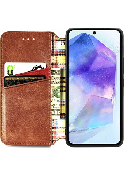 Samsung Galaxy A55 5g Cep Telefonu Kılıfı Eşkenar Dörtgen Baskılı Deri Cüzdan Standı Kapak-Kahverengi (Yurt Dışından)