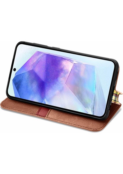 Samsung Galaxy A55 5g Cep Telefonu Kılıfı Eşkenar Dörtgen Baskılı Deri Cüzdan Standı Kapak-Kahverengi (Yurt Dışından)