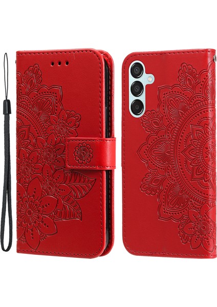 Samsung Galaxy M15 5g Kılıf Çiçek Desenli Cüzdan Standlı Pu Deri Telefon Kapağı-Kırmızı (Yurt Dışından)