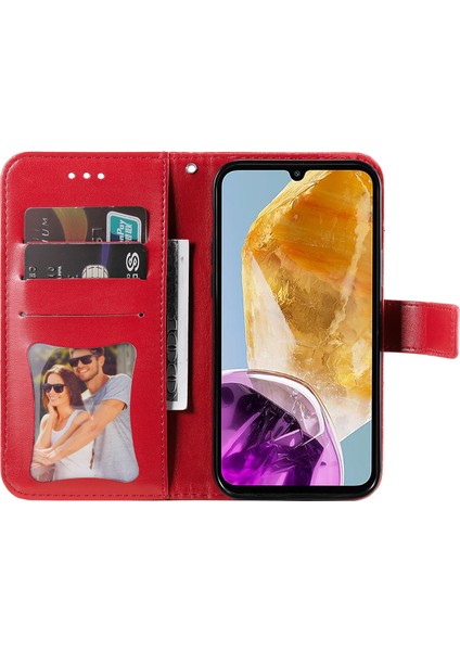 Samsung Galaxy M15 5g Kılıf Çiçek Desenli Cüzdan Standlı Pu Deri Telefon Kapağı-Kırmızı (Yurt Dışından)