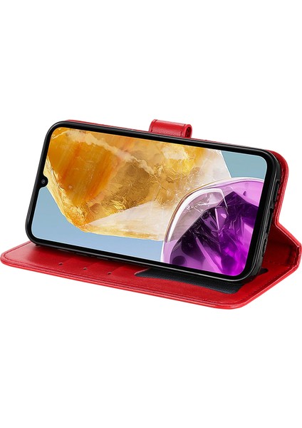 Samsung Galaxy M15 5g Kılıf Çiçek Desenli Cüzdan Standlı Pu Deri Telefon Kapağı-Kırmızı (Yurt Dışından)