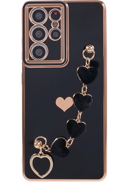 Samsung Galaxy S21 Ultra 5g Kılıf Peluş Aşk-Kalp Askılı Elektro Kaplama Tpu Telefon Kılıfı-Siyah (Yurt Dışından)
