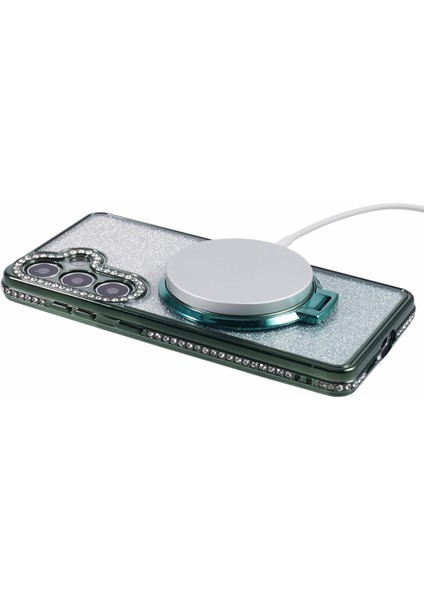 Samsung Galaxy S24+ Kılıf Için Taşlı Lens Çerçevesi Degrade Yumuşak Tpu Telefon Kapağı, Kickstand-Gece Yarısı Yeşili (Yurt Dışından)