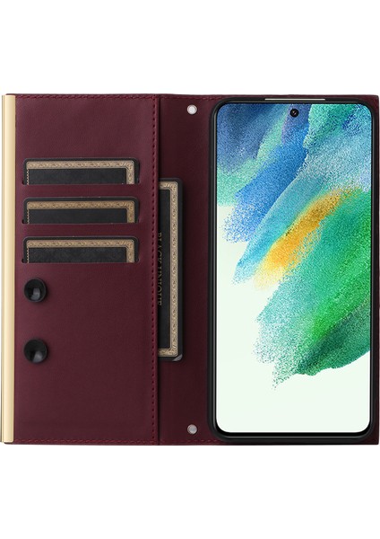Samsung Galaxy S21 Fe 5g Deri Kılıf Vantuzlu 3 Kart Yuvalı Telefon Kapağı-Şarap Kırmızısı (Yurt Dışından)