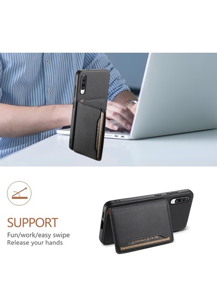 Samsung Galaxy A70 Kılıf Kart Yuvaları Tpu+Pc+Pu Kickstand Telefon Kapağı-Siyah (Yurt Dışından)