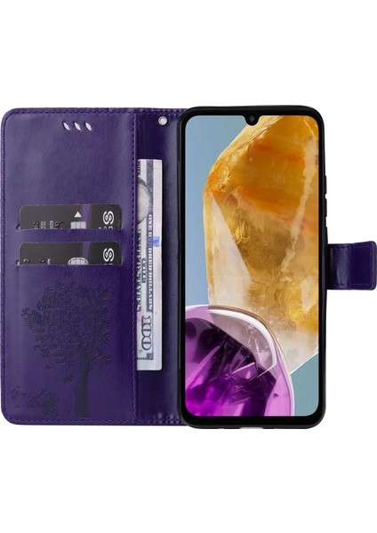 Samsung Galaxy M15 5g Kılıf Kapaklı Cüzdan Kedi Ağacı Desenli Deri Telefon Kılıfı-Mor (Yurt Dışından)