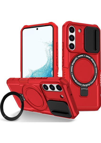 Samsung Galaxy S22+5G Kickstand Kılıf Pc+Tpu Lens Kapaklı Manyetik Telefon Kabuğu-Kırmızı (Yurt Dışından)