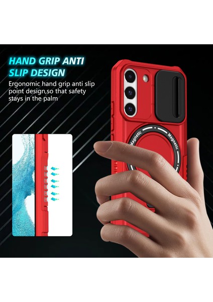 Samsung Galaxy S22+5G Kickstand Kılıf Pc+Tpu Lens Kapaklı Manyetik Telefon Kabuğu-Kırmızı (Yurt Dışından)