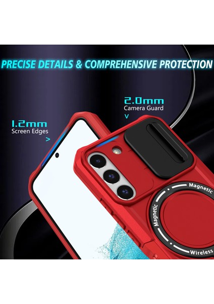Samsung Galaxy S22+5G Kickstand Kılıf Pc+Tpu Lens Kapaklı Manyetik Telefon Kabuğu-Kırmızı (Yurt Dışından)