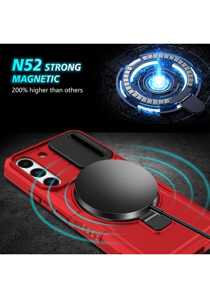 Samsung Galaxy S22+5G Kickstand Kılıf Pc+Tpu Lens Kapaklı Manyetik Telefon Kabuğu-Kırmızı (Yurt Dışından)