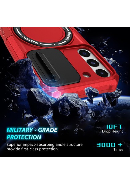 Samsung Galaxy S22+5G Kickstand Kılıf Pc+Tpu Lens Kapaklı Manyetik Telefon Kabuğu-Kırmızı (Yurt Dışından)