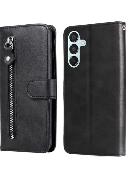 Samsung Galaxy M15 5g Kılıf Buzağı Dokulu Fermuarlı Cep Telefonu Standlı Kapak-Siyah (Yurt Dışından)