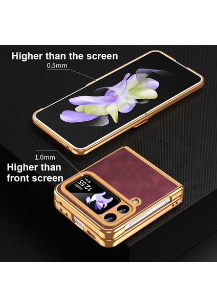 Samsung Galaxy Z Flip4 5g Katlanır Telefon Kılıfı Deri + Menteşe Tasarımlı Pc Kapağı-Şarap Kırmızısı (Yurt Dışından)