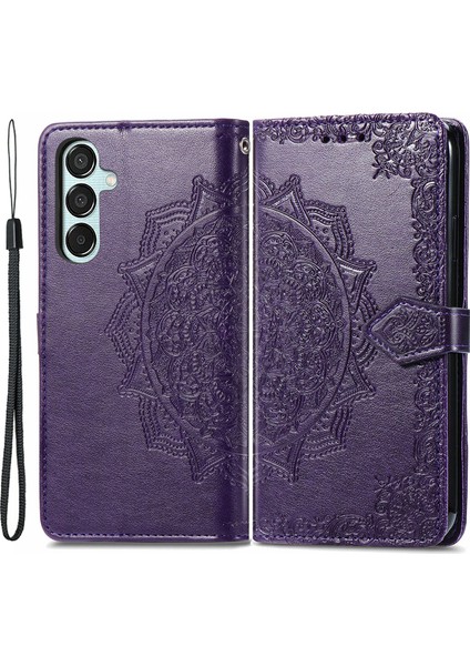 Samsung Galaxy M15 5g Pu Deri Kılıf Darbeye Dayanıklı Cep Telefonu Kapağı Kabartma Mandala Çiçek Cüzdan-Mor (Yurt Dışından)