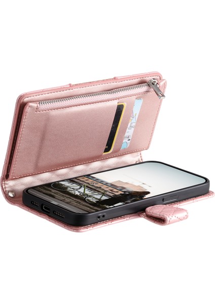 Samsung Galaxy S22+5G Kılıf Için Glitter Eşkenar Dörtgen Desenli Manyetik Kapatmalı Çizilmez Kapak-Gül Altın (Yurt Dışından)