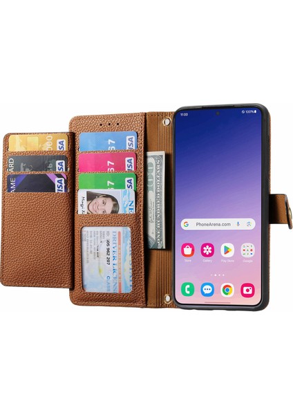 Samsung Galaxy S24+DERI Kılıf Rfıd Engelleme Fermuar Cüzdan Telefon Kapağı-Kahverengi (Yurt Dışından)
