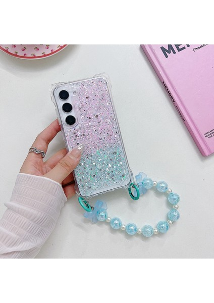 Samsung Galaxy S24+GRADIENT Kılıf Tpu+Akrilik Kalınlaşmak 4 Köşeli El Zincirli Telefon Kılıfı-Pembe+Yeşil (Yurt Dışından)