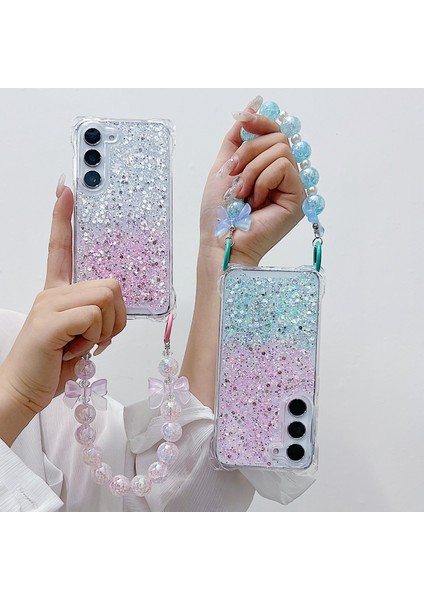 Samsung Galaxy S24+GRADIENT Kılıf Tpu+Akrilik Kalınlaşmak 4 Köşeli El Zincirli Telefon Kılıfı-Pembe+Yeşil (Yurt Dışından)