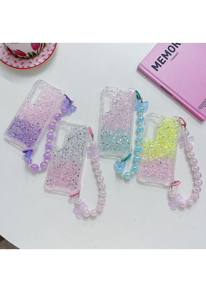 Samsung Galaxy S24+GRADIENT Kılıf Tpu+Akrilik Kalınlaşmak 4 Köşeli El Zincirli Telefon Kılıfı-Pembe+Yeşil (Yurt Dışından)
